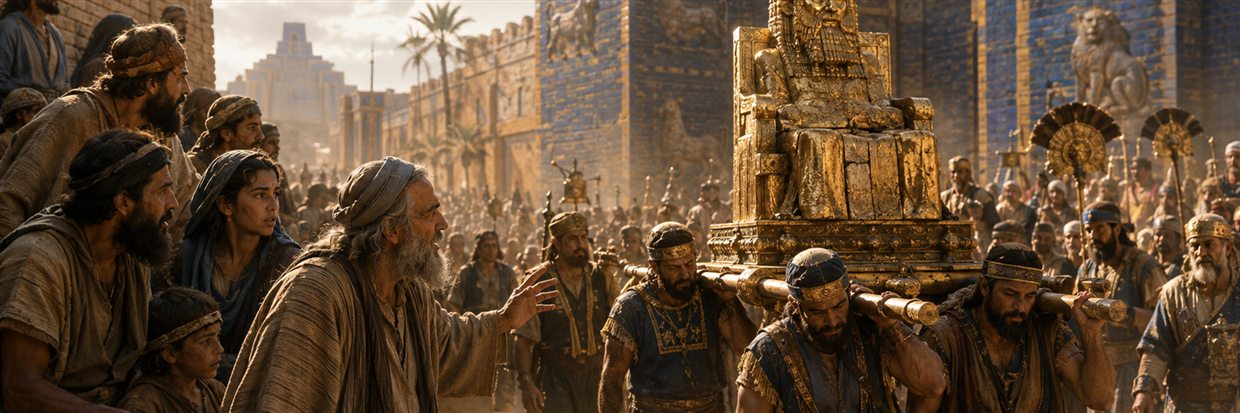 Jewish exiles watch attendants carry a gilded wooden idol through Babylon as an elder warns them